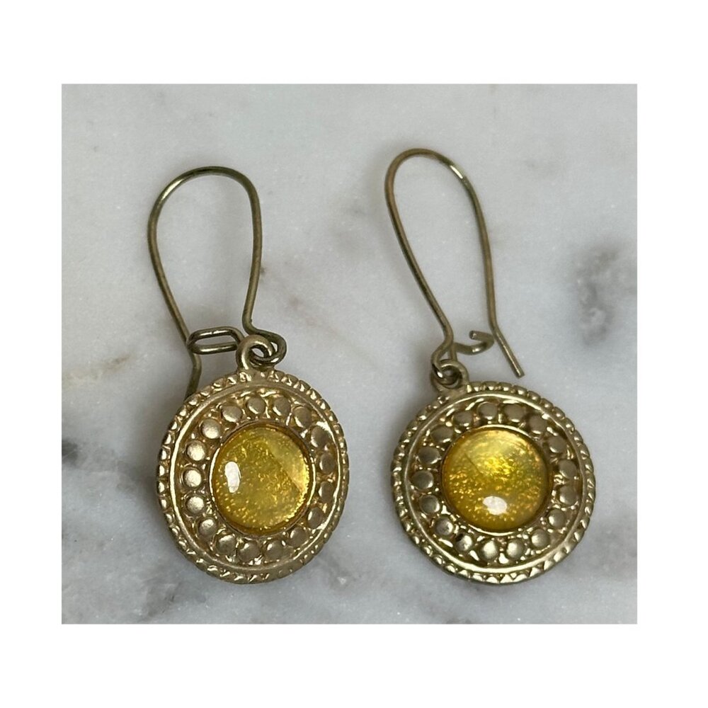 Vintage Gold Tone Drop Earrings with Honey Yellow Cabochons Oval Filigree Dangle - Picture 5 of 5